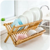 Bamboo Foldable Draining Rack Dish Drying Rack with 2-Tiers Dish Holder