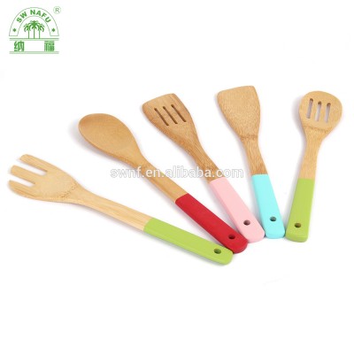 High quality bamboo wooden kitchen utensil set with color handle